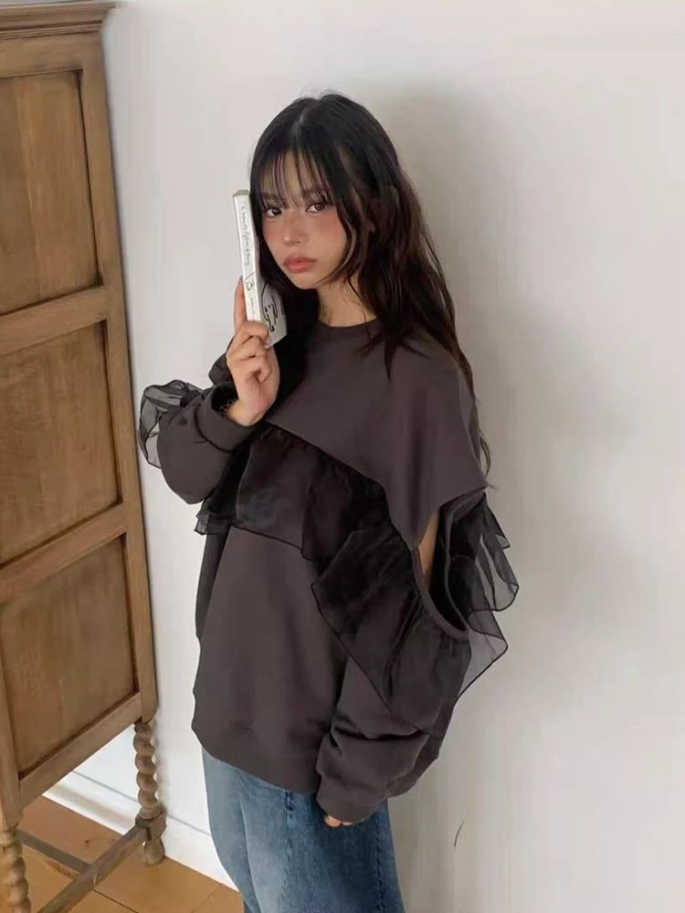 Clothland femmes élégant sweat à volants col rond découpé à manches longues pull femme mode Chic hauts HA613