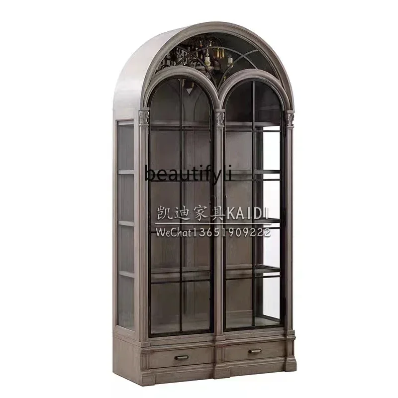 

zq1Fuxing arched wine cabinet French solid wood glass door storage side cabinet customization