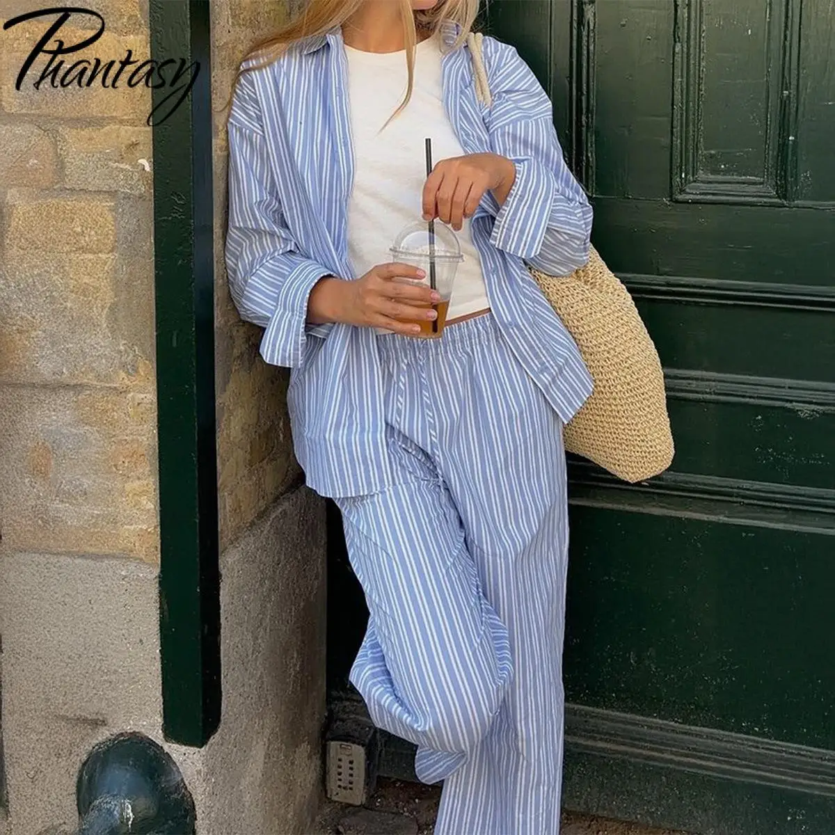 

Phantasy модные полосатые женские рубашки с лацканами, элегантные однобортные женские костюмы с длинными рукавами, широкие брюки с высокой талией, уличная одежда