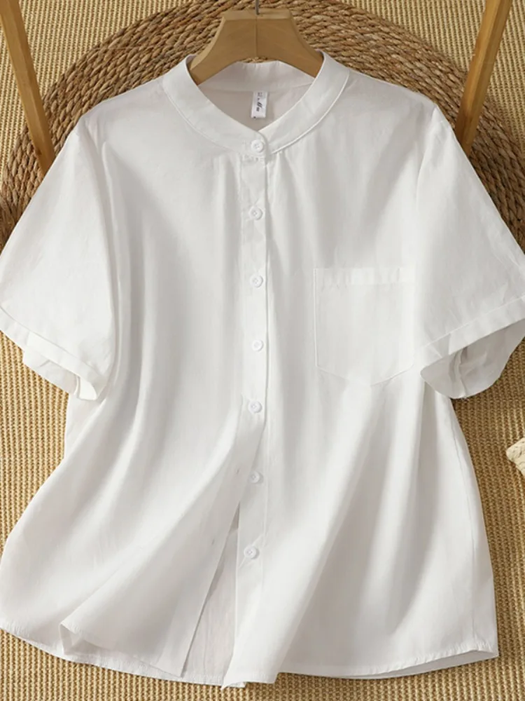 

Vintage Simple Pure Cotton Short Sleeve Shirt Women Summer Thin Large Size Comfortable Casual Small Top Age-Defying