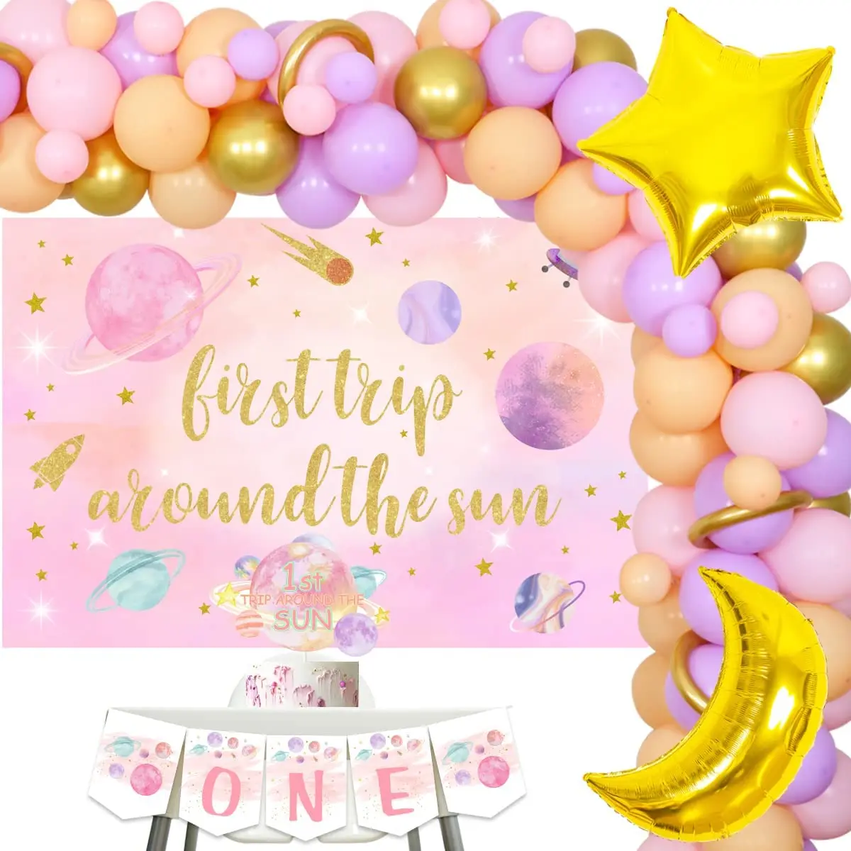 

First Trip Around the Sun Birthday Decorations for Girl Outer Space Balloon Garland Kit Backdrop Boho Sun 1st Birthday Supplies