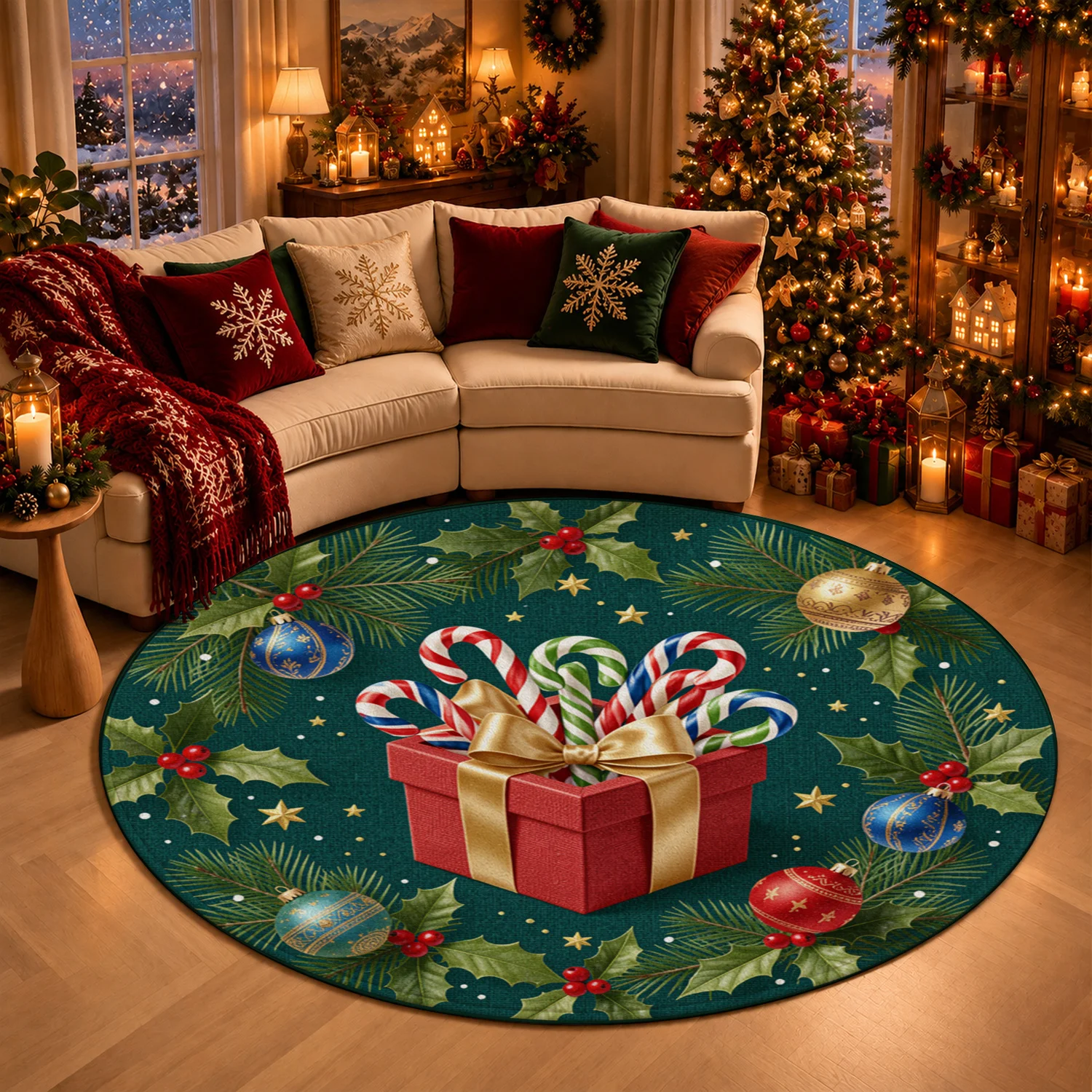 Christmas Gift Candy Cane Holly Ornament Pattern Round Velvet Doormat Machine Washable for Entryway Living Room Dining Room Bedroom Halloween Thanksgiving Black Friday Cyber Monday Christmas New Year