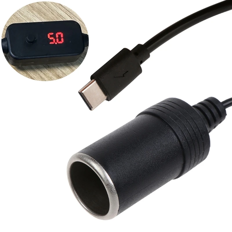 Adjustable Car Charger Type C to Cigarette Lighter Adapter Charging Connector Support 5V9V12V15V20V3A Adjustable