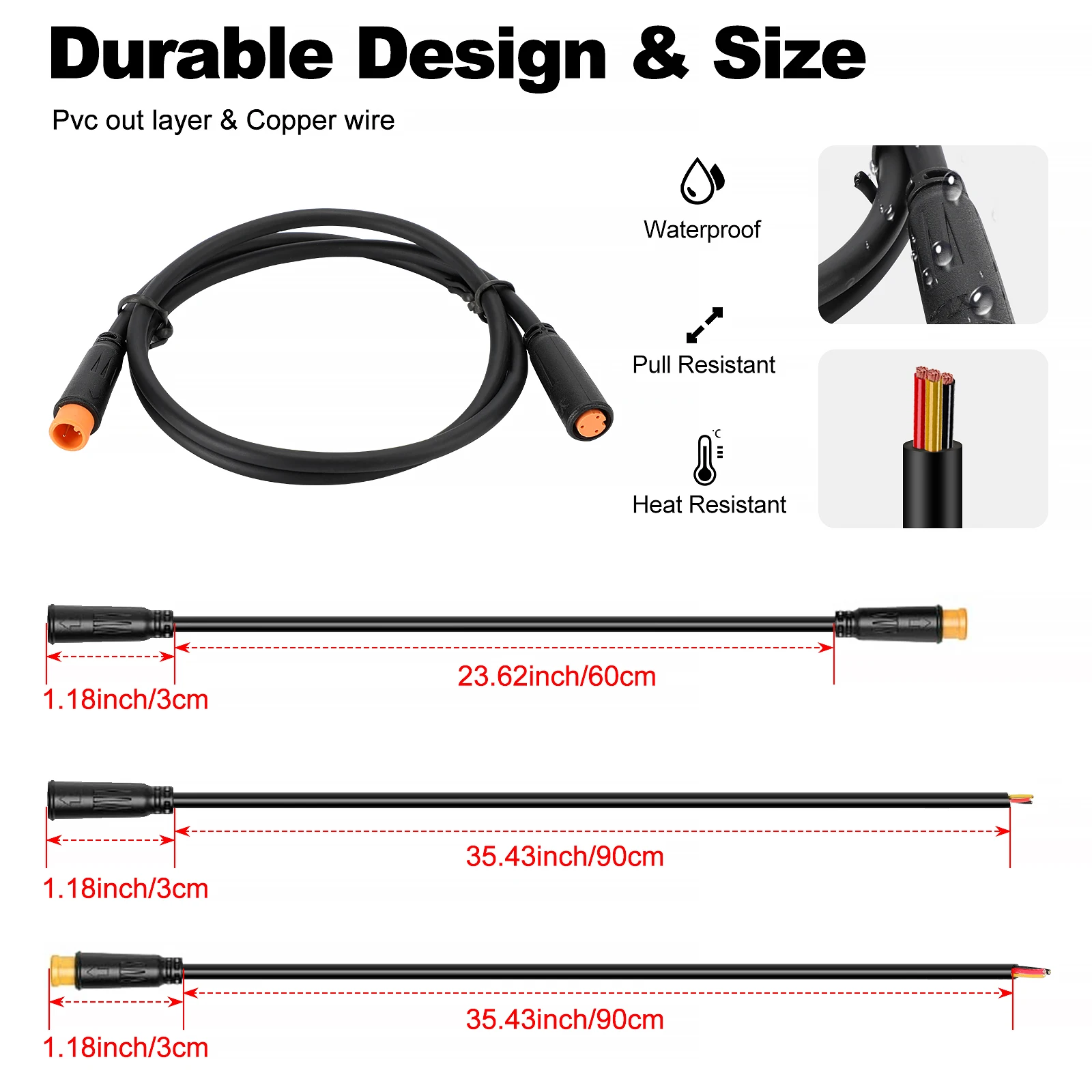 M8 2 Stück 2/3/4/5-poliges E-Bike-Kabel; Länge: 60/90 cm; IP65 wasserdicht, Stecker auf Buchse, 18AWG Julet/YLS/Higo Universalversion. – Detail 3