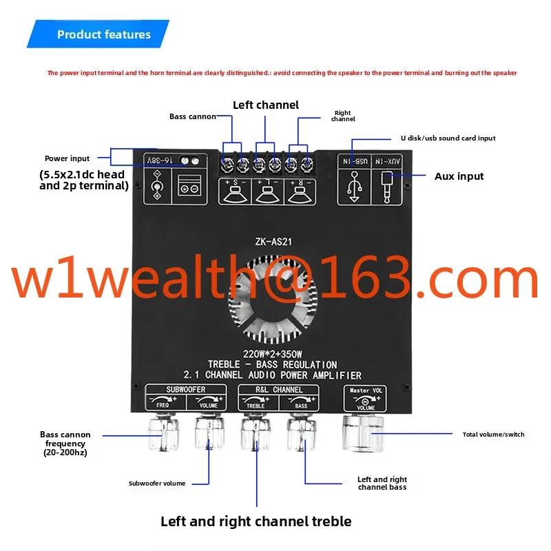 ZK-AS21 2.1 قناة TPA3255 بلوتوث مكبر كهربائي رقمي لوحة تركيبية عالية ومنخفضة لهجة باس 220WX2 #6