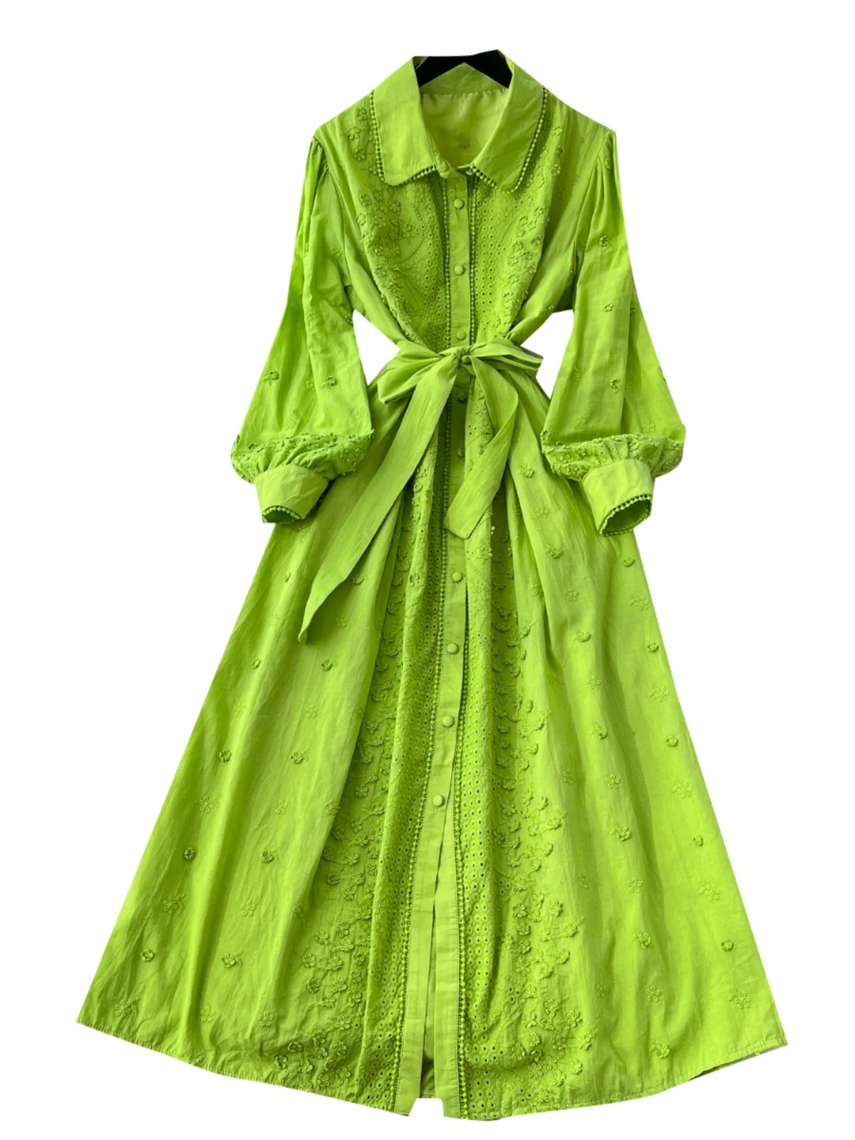 Ele minceur Long Dr avec broderie lourde ceinture taille et lanterne Sves rétro col montant femme Faionable Dr