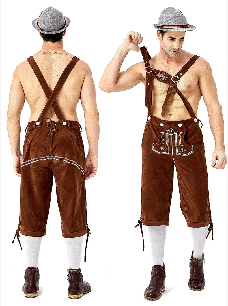 Oktoberfest Lederhanced avec bretelles et chapeau pour homme, ensemble de olympiques pour la bière, costume de cosplay d'Halloween masculin, plus SIreflective, traditionnel