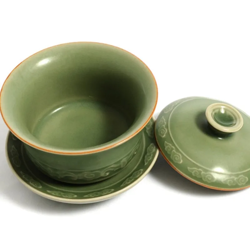 High Quality Celadon Gaiwan Creative Handmade Carved Set Gaiwan Ceramic Tea Bowl Japanese Style Cup with Cover Carving