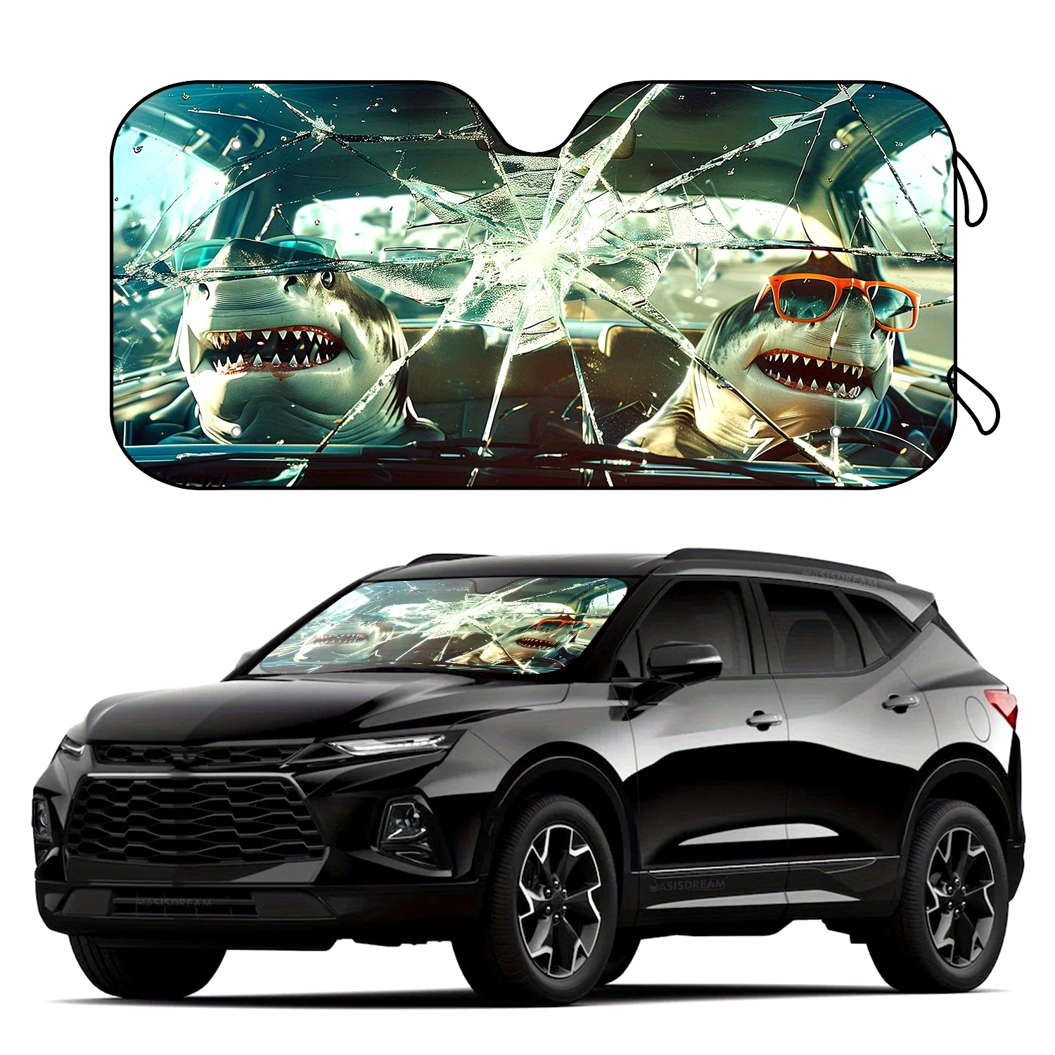 

Adiffly Shark And Broken Glass Design Car Windshield Sun Shade, 57" X 27.5", UV Protection Sunshade With 4 Suction Cups, Non-Wat