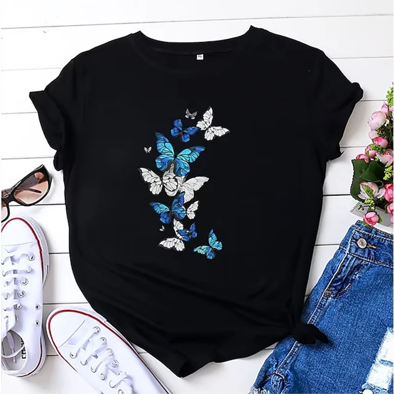 

Summer Women's T Shirt Black Butterfly Basic Print Short Sleeve Family Day Basic Round Neck Regular Fit T Shirt Sleeve