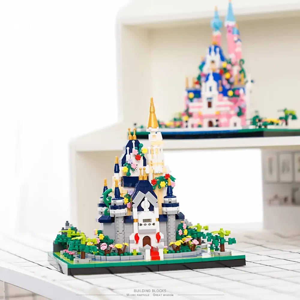 1227PCS Creative Cartoon Pink Princess Castle Architecture Building Blocks Fairy Tale Street View Micro Model Bricks Toys