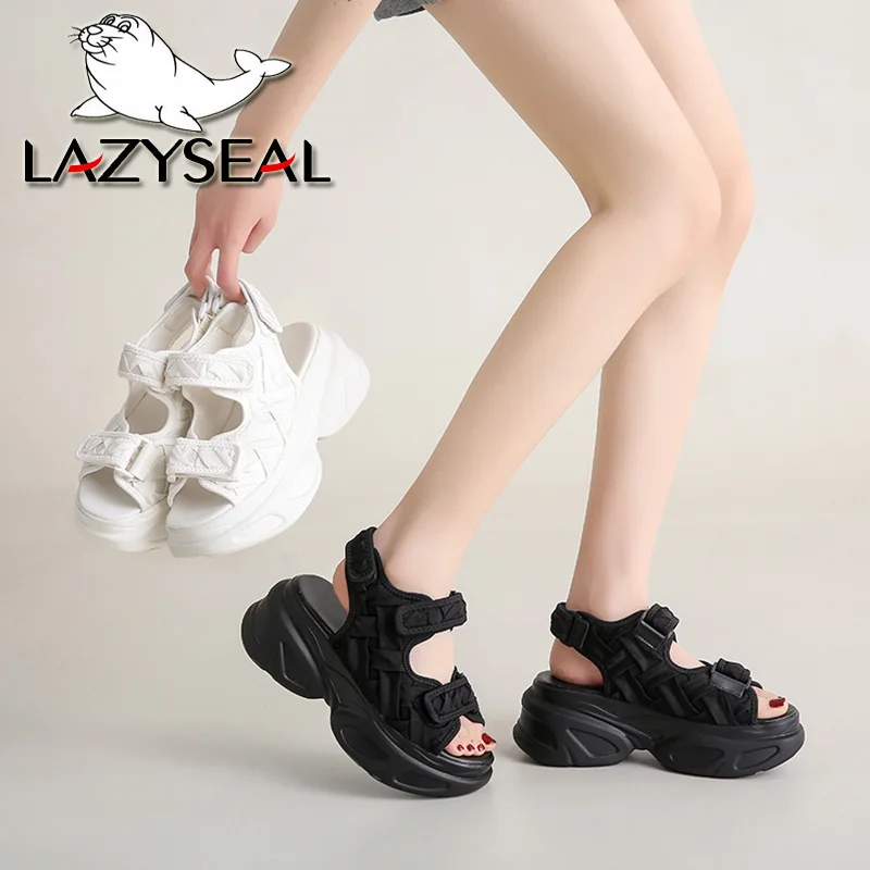 LazySeal 2025 nuevos zapatos de plataforma de verano para mujer, zapatos informales de tacón alto de 7,5 cm, zapatos de cuña para mujer, sandalias deportivas ajustables de Color sólido