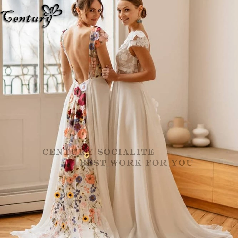 Abito da sposa floreale ricamato Donna 2025 Backless A Line Chiffon Pizzo Fiori 3D Abiti da sposa Robe de Mariee Personalizzato