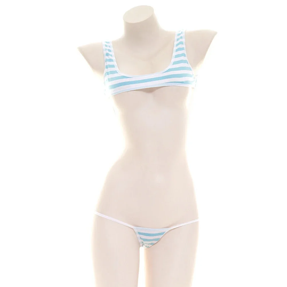 Lencería Sexy de Anime japonés Lolita Kawaii, Mini Bikini a rayas, disfraces eróticos de Cosplay para adultos, sujetador, conjunto de ropa interior para mujer