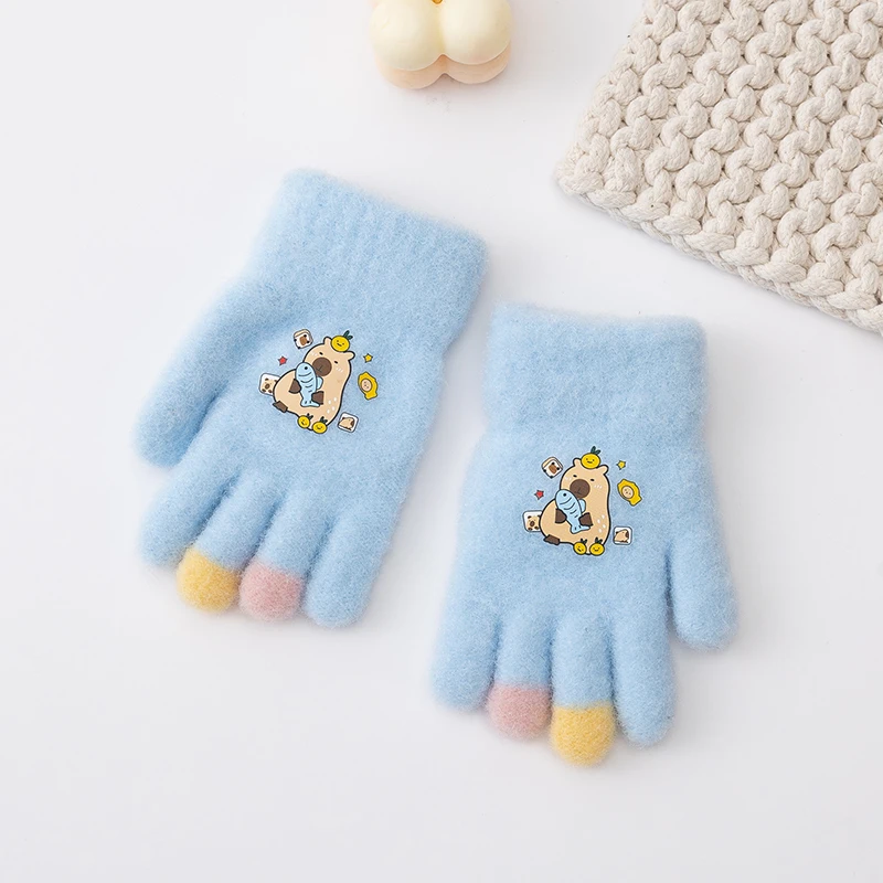 2-5 Years Baby Girs Boys Gloves Winter Cute Cartoon Capybara Full Finger Mittens Children Outdoor Playing Warm Soft Kids Gloves