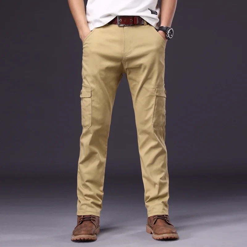 Pantalon Cargo Noir en Coton pour Homme, Vêtement à Poches Multiples, Long, Droit, Décontracté, Grande Taille