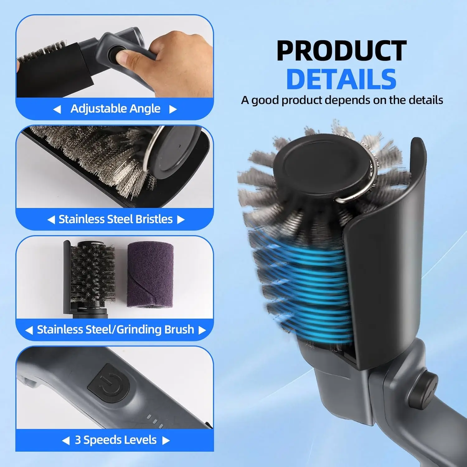 Electric Grill Brush, Cordless Adjustable Angle, Stainless Steel Brush Head, 3-Level Cleaning, 90-Minute Run Time, Waterproof