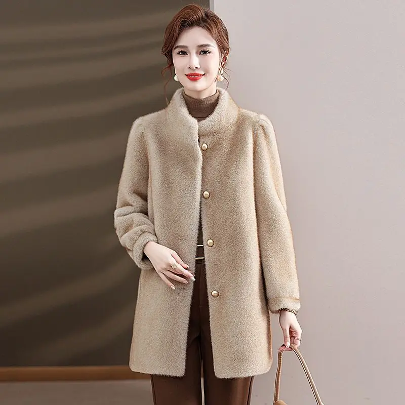 2024 Winter New Environmental Protection Rex Fur Coat Women Fashion All-Match Loose Mid-Length Imitated Mink Fur Outwear LX301