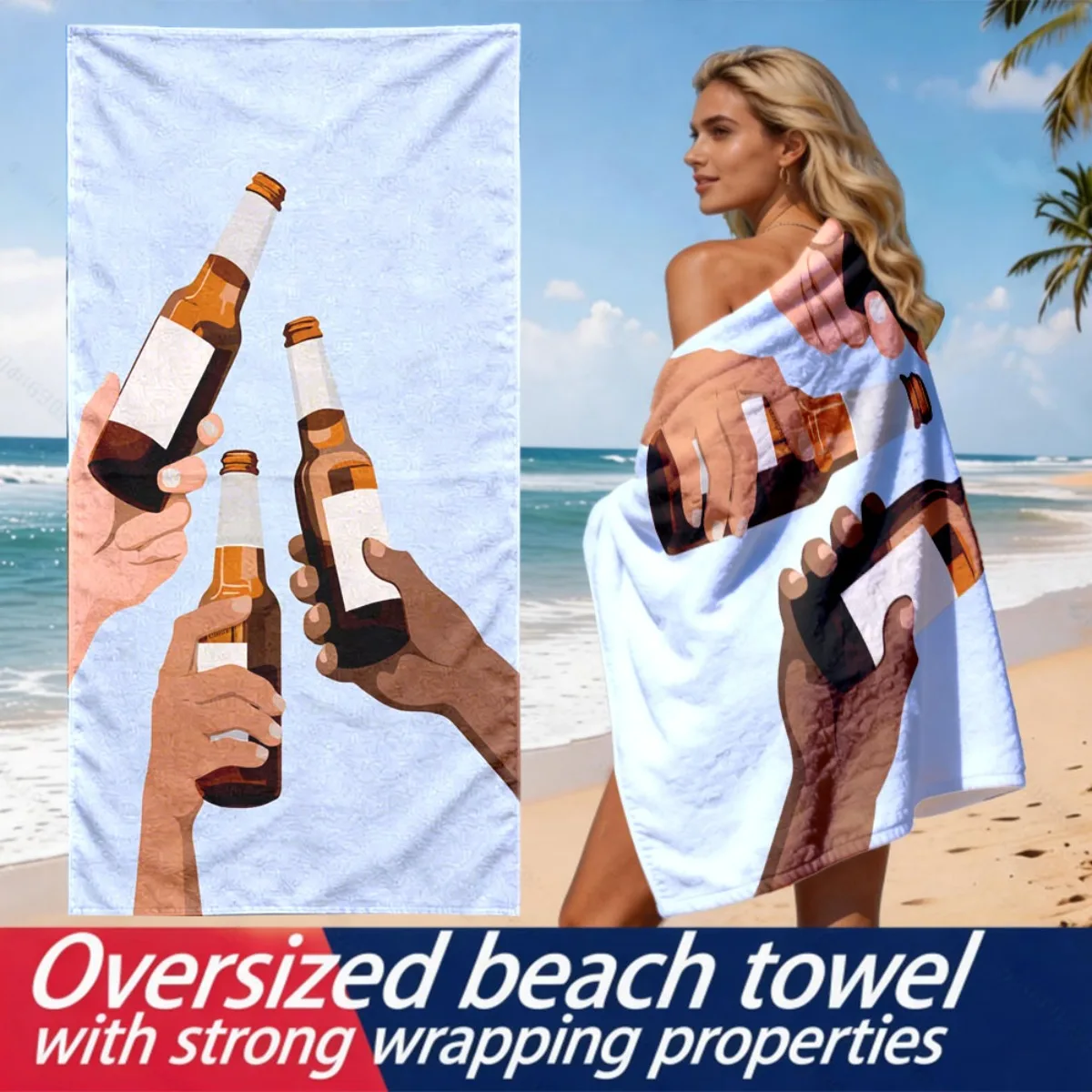 Toasting beer on the beach theme polyester microfiber beach towel is highly absorbent, suitable for swimming and beach outings