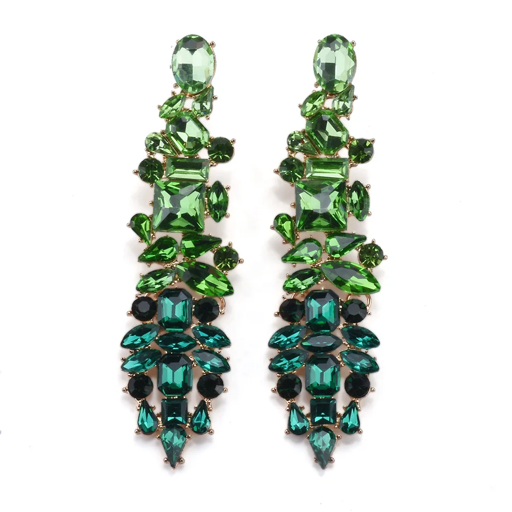 2024 New ZA Fashion Crystal Rhinestones Long Earrings Women Indian Statement Large Baroque Earring Jewelry Rose Green Blue Clear