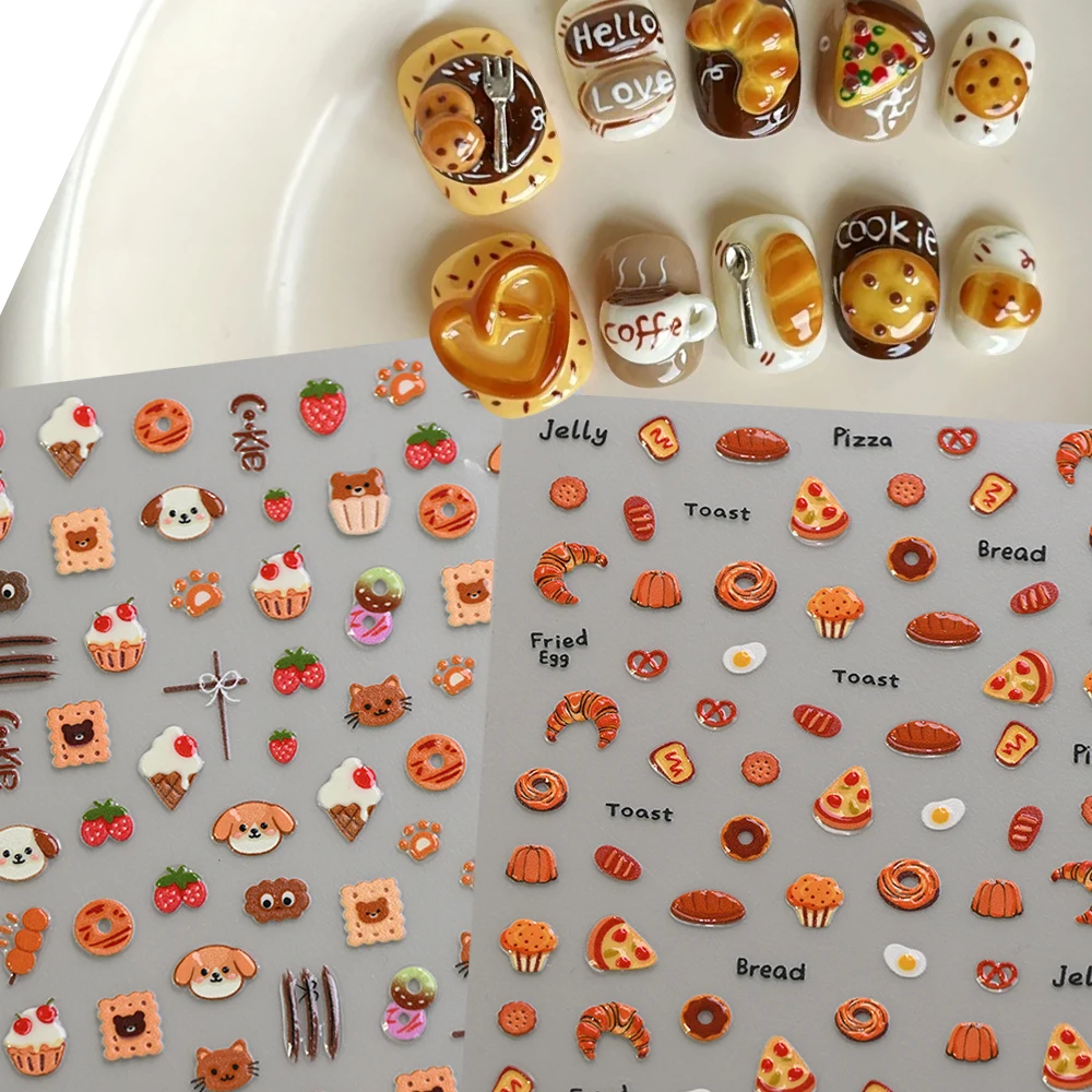 Soft Relief Bread Puppy Cookie 5D Nail Stickers, Cute Cat Dessert Animal Nail Decals, Self-Adhesive Sticker Manicure Accessories
