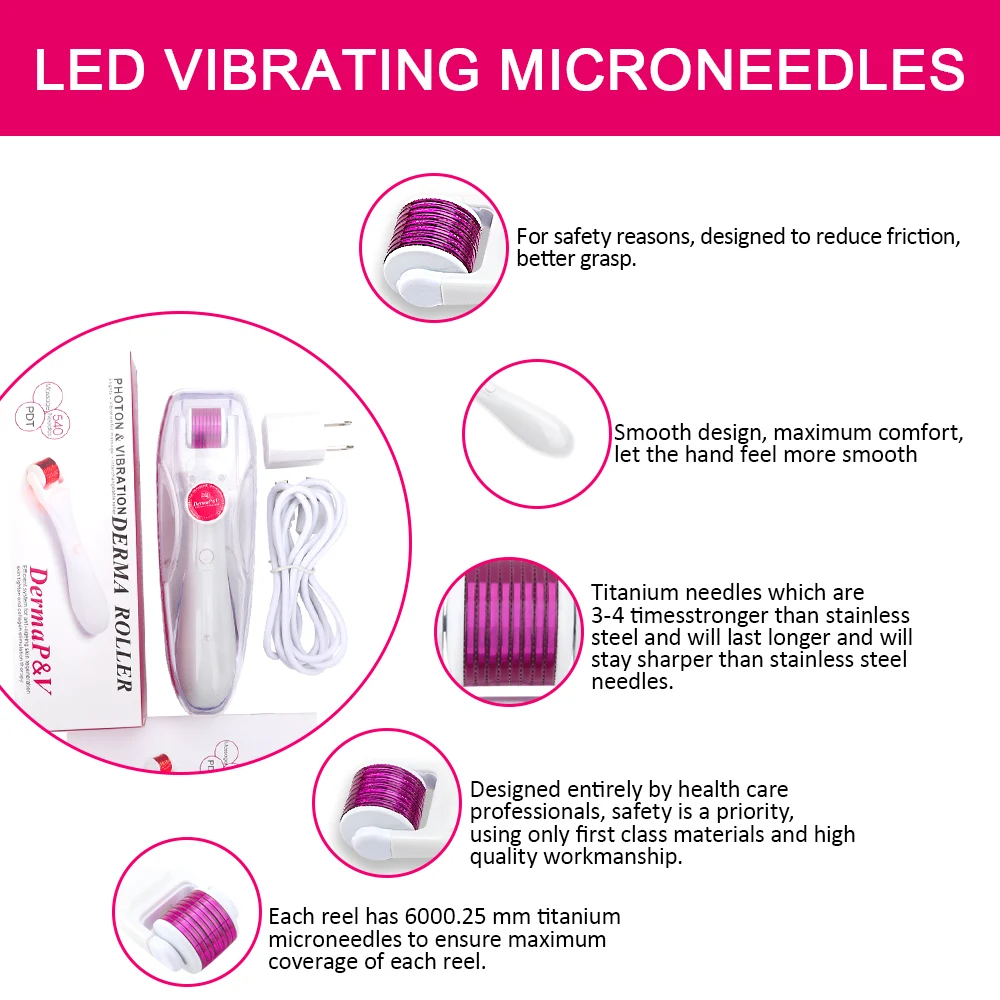 Electric Micro Needles Derma Roller Led Vibration Titanium Mezoroller Microneedle 0.2/0.25/0.3mm 540 Needles Skin Care Treatment