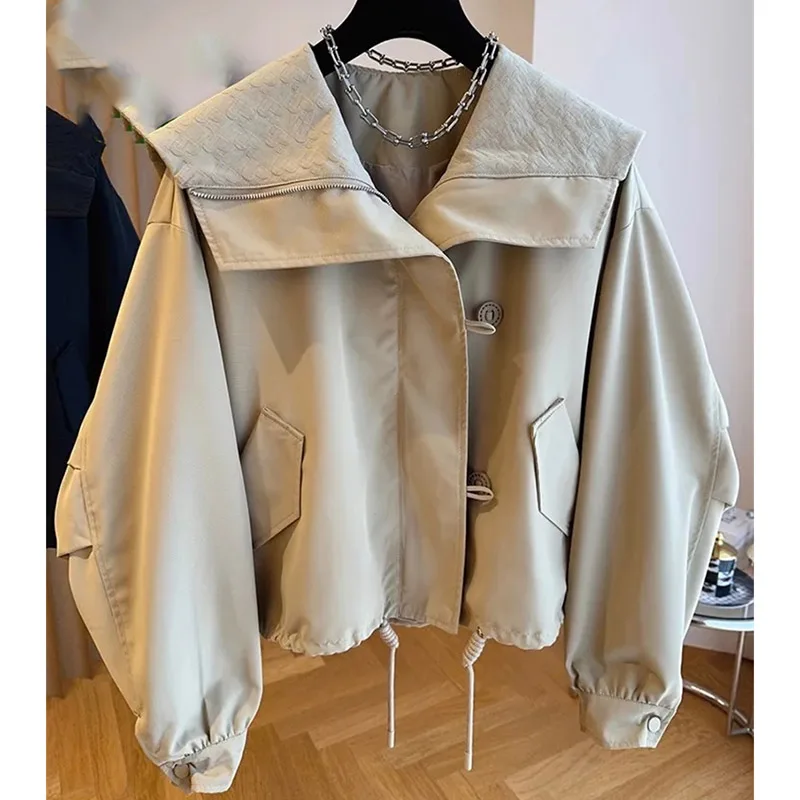 

Женская свободная однотонная верхняя одежда с пряжкой, весенне-осеннее женское короткое пальто с темно-синим воротником, корейская женская верхняя куртка с длинными рукавами