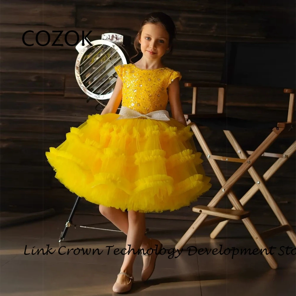 

COZOK Gold Scoop Flower Girls Dresses with Sequined 2024 Summer Tiered Knee Length Christmas Dresses for Princess فستان عيد المي