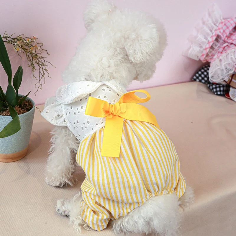 1PC Pet Apparel Dog Slim Fit Spring/Summer Thin Yellow Stripe Small Flying Sleeve Four legged Strap Pants For Small Medium Dogs