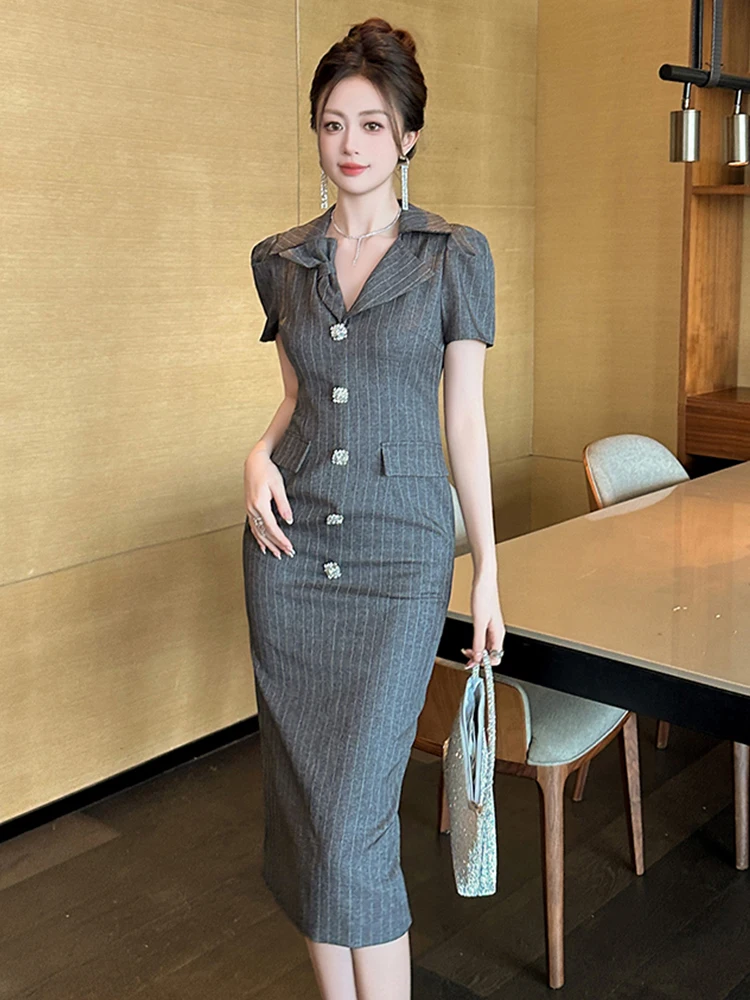 

Summer Retro Gray Striped Formal Occasion Dress Women Clothes Commute Elegant Office Lady Short Sleeve Slim Midi Pencil Vestidos