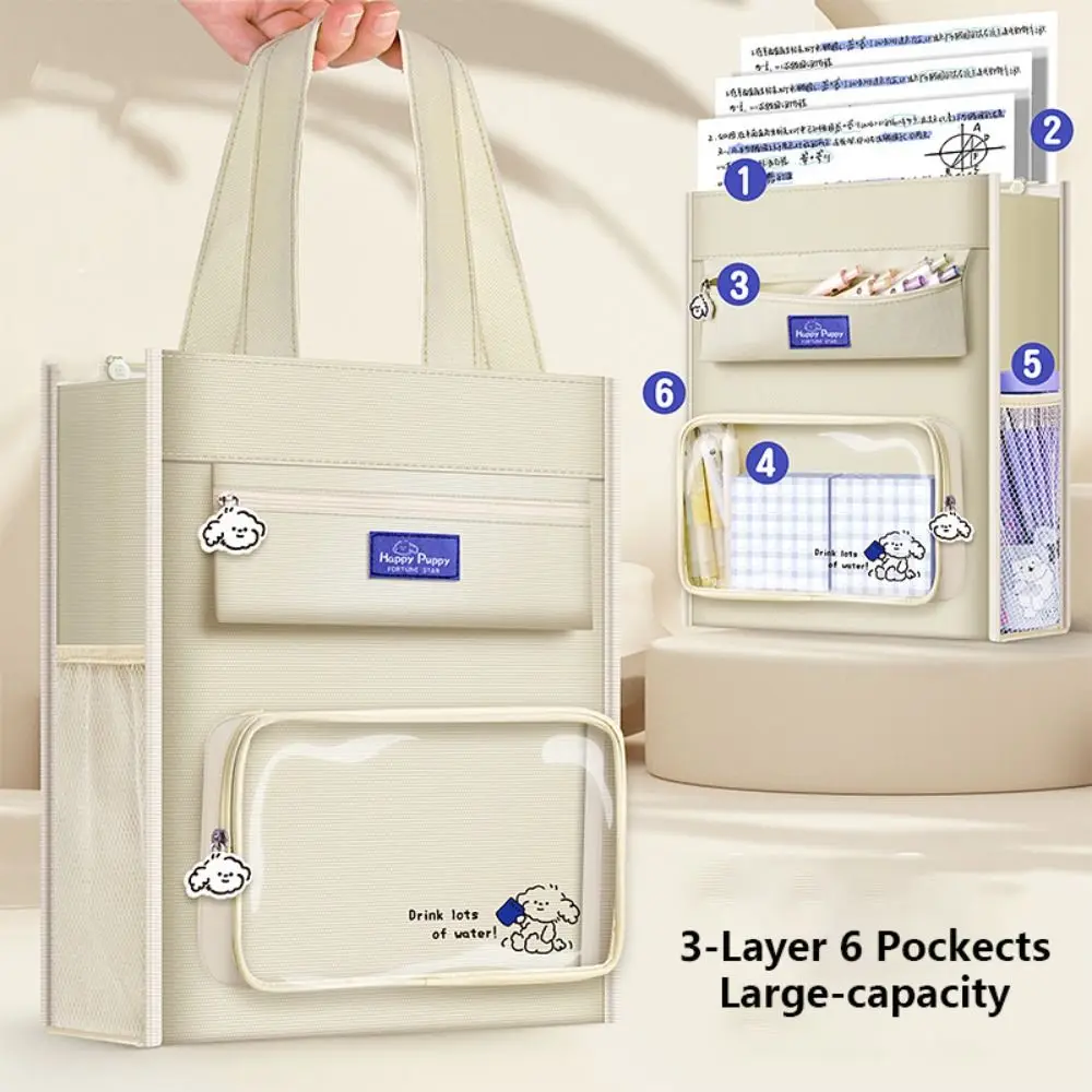 

3-Layer 6 Pockects Large-capacity Tutorial Storage Bag Students Handbag Portable Tote School Bag File Bag Cartoon Canvas Art Bag