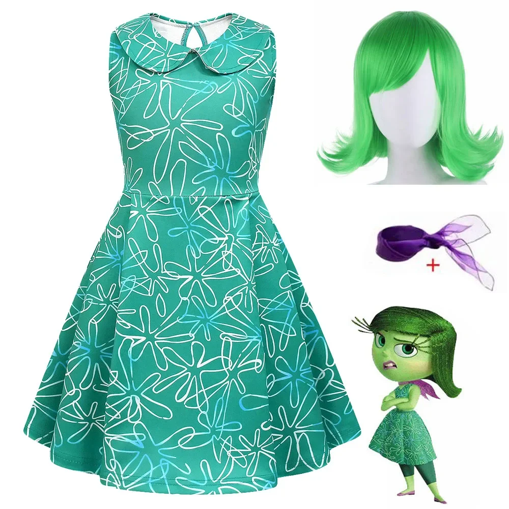 Movie Inside Out 2 Childrens Cosplay Dress Wig Costume Joy Disgust Roleplay Girls Clothing Carnival Halloween Fashion Party Sets