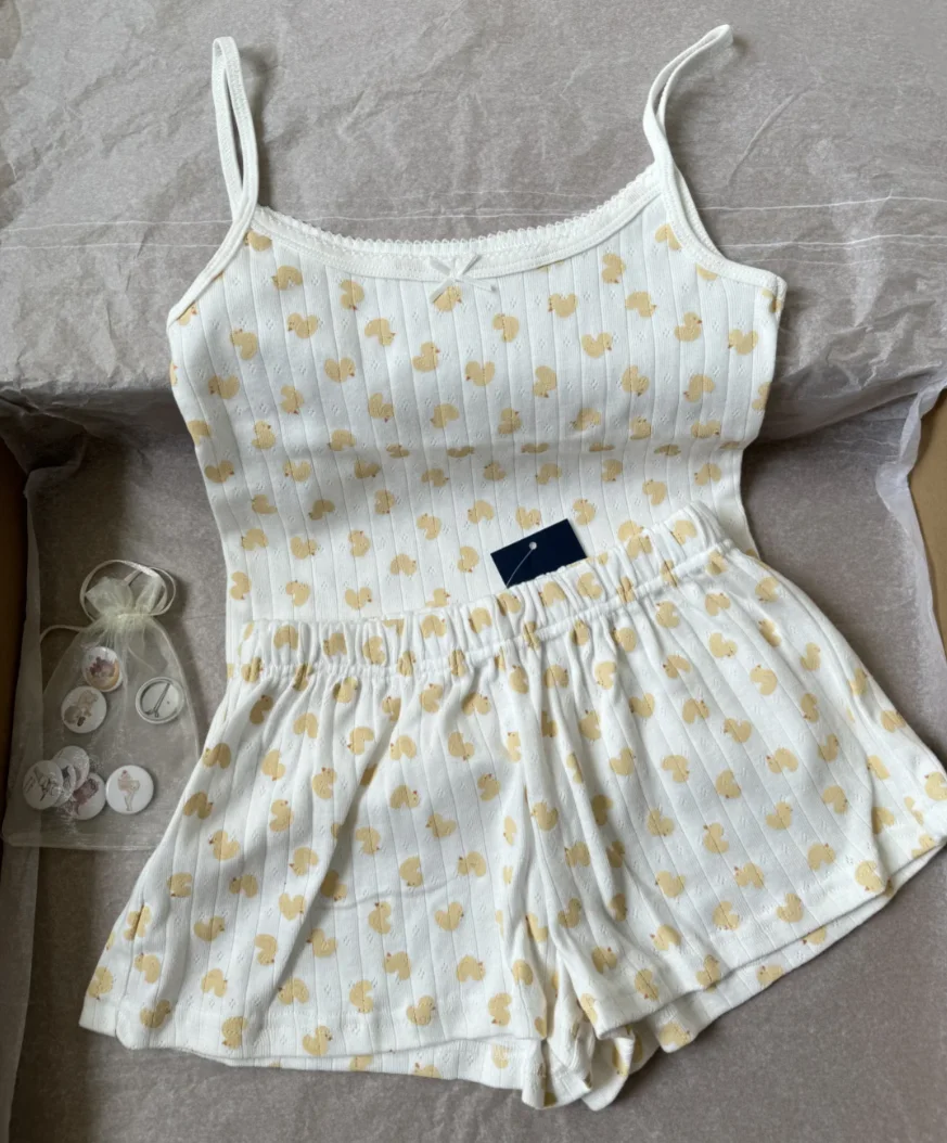 Little Ducks Eyelet Two-piece Set Women Bow Lace Trim Sleeveless Cropped Tank Top+Shorts Sets Summer Cotton Casual Sweet Suits