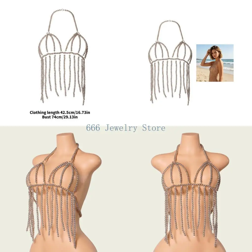F2TD Geometric Mesh Body Chain with Sparkling Round Beads for Nightclub Parties and Music Festivals Elegant Dance Jewelry