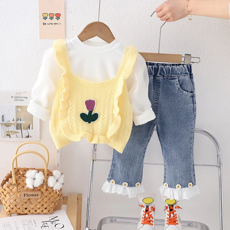 Baby Girls Clothing Sets Spring Children Knitted Vest Bubble Sleeve T-shirt Jeans Infant Floral Princess Clothes Kids Outfits