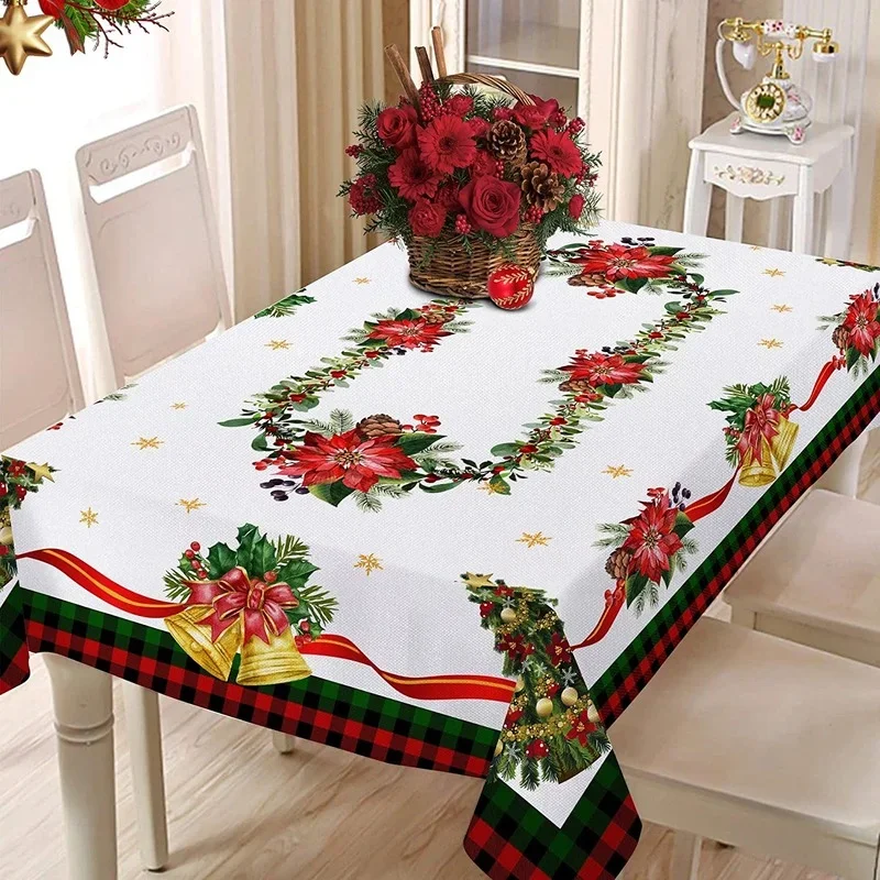 Christmas Poinsettia Pine Needles Tablecloth for Table Decor Reusable Winter Xmas Kitchen Dining Tablecloth Christmas Decoration