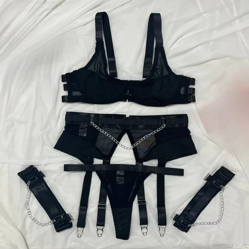 Bikini lingerie black mesh sheer patchwork chain bondage garter set