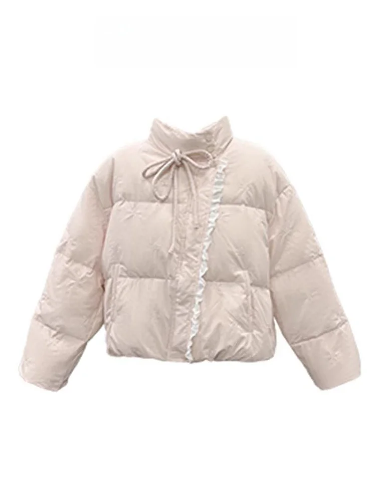 

Pink Bowtie Cotton Jacket Women's Winter Korean Style High End Lace Splicing Cotton Coat Loose Fit Long Sleeve Stand Collar