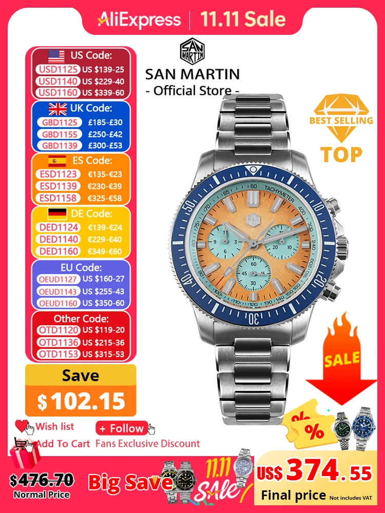 San Martin 40mm Diver Chronograph Watch Peacock SL-4801 Automatic Movement Luxury Men Mechanical Wristwatch Waterproof SN0118