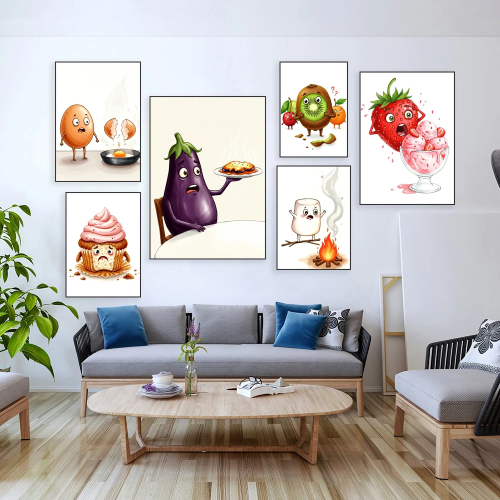 Funny cupcakes, weird eggs, raspberry jam mason jar, melted ice cream, olive oil, food pun illustration, humorous kitchen poster