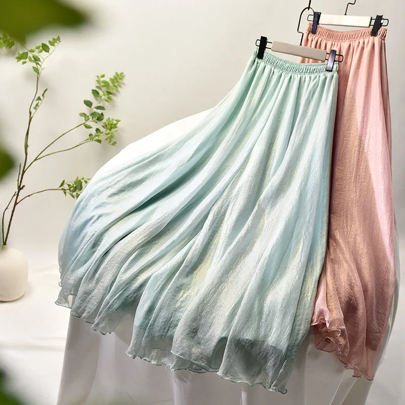 Spring and Summer New Chiffon Pants Double-layer Tulle Elastic Waist Fresh Literary Dance Chinese Style Wide Leg Pants Women