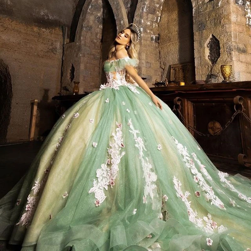 Lorencia Groene Liefje Quinceanera Jurk Baljurk 3d Bloemenapplicaties Kant Tull Korset Sweet 16 Vestidos De 15 Años Yqd622