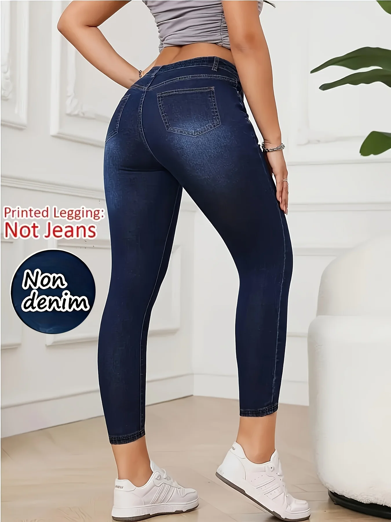 【Non-Denim】Women's Faux Denim Print Leggings, Sports Casual Skinny Pants, Thin Soft Skin-Friendly Yoga Pants, All Seasons Wear L