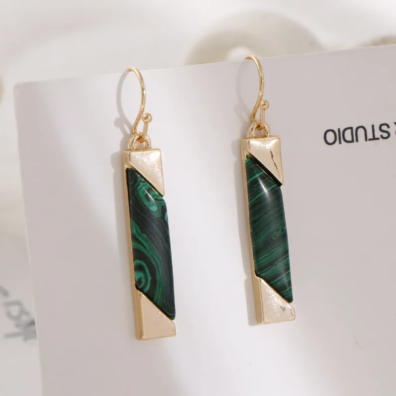 Gold Tone Plated Malachite Long Bar Dangle Earrings Natural Stone Rectangle Strip Drop Earrings for Women