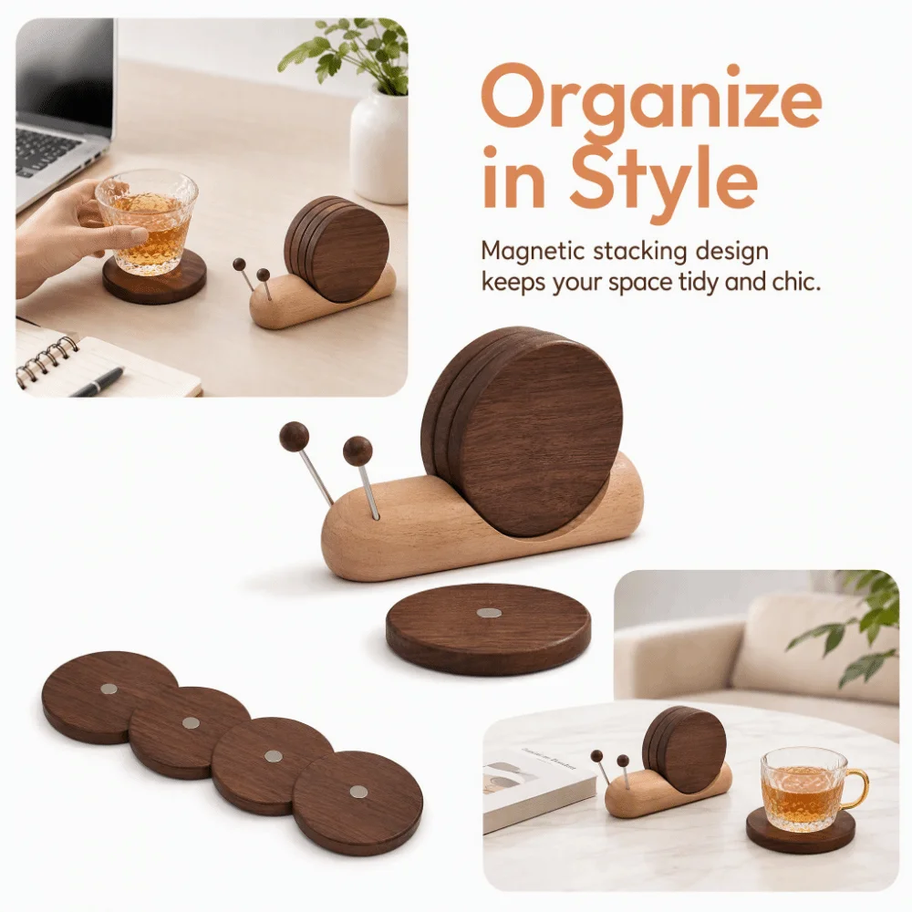 Non Slip Base Snail Coaster Set Magnetic Attachment Heat Resistant Snail Heat Insulation Pad Wooden Cute Snail Bowl Pad