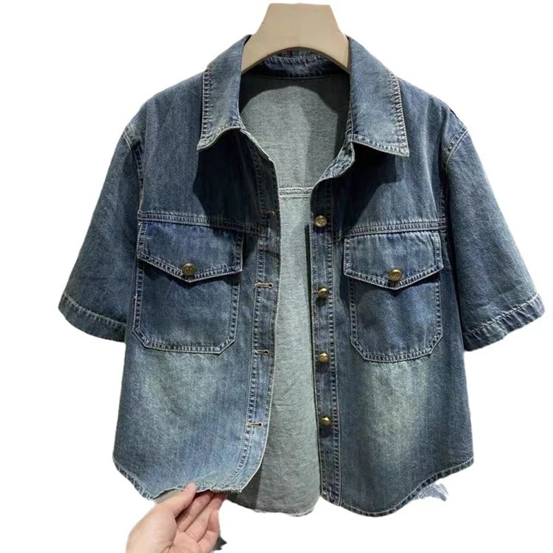 Denim Shirt  Women\'s Summer 2024 New Turndown Collar Loose Casual Short Jacket Fashion Short Sleeved Single Breasted Thin Top