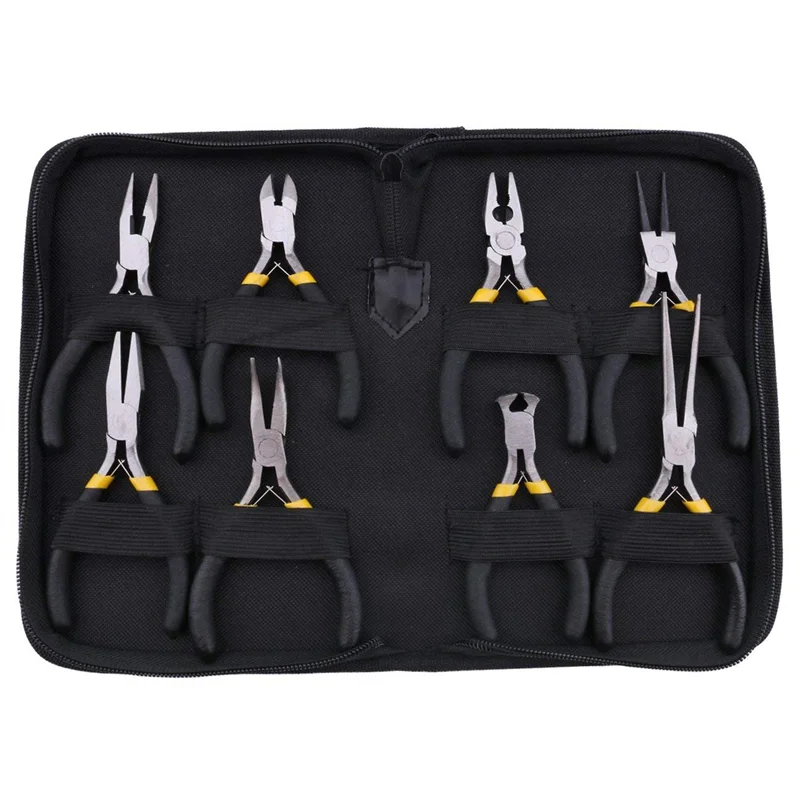 ABLL-8Pcs Mini Pliers Set, Long Nose With Teeth, Flat Jaw, Round Curve Needle Diagonal Nose Wire End Cutting Cutter Linesman Pli