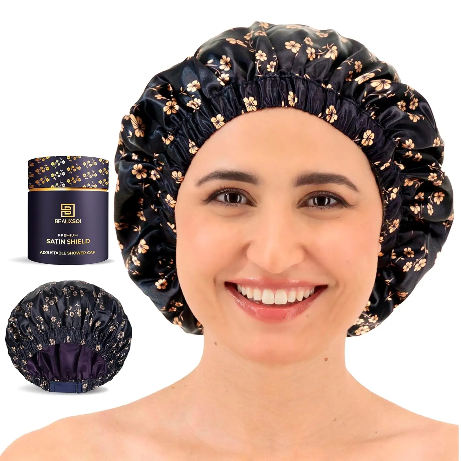 

Luxury Reusable Shower Cap for Women - Satin Lined, Adjustable & Waterproof - Keeps Hair Dry- Durable Hair Bonnet by