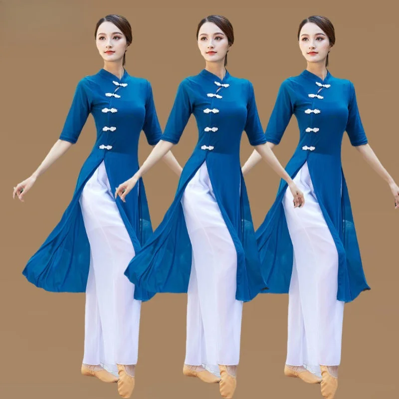 

Новое классическое танцевальное платье-ципао из газовой ткани для выступлений на подиуме с разрезом