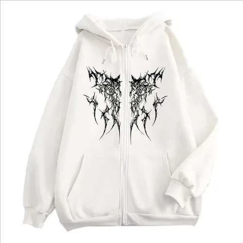 Imagen 2 del producto Sudaderas con capucha con estampado gótico y cremallera para hombre y mujer, abrigo Vintage de moda Hip Hop Y2K, sudaderas con capucha de manga larga con forro polar para otoño e invierno